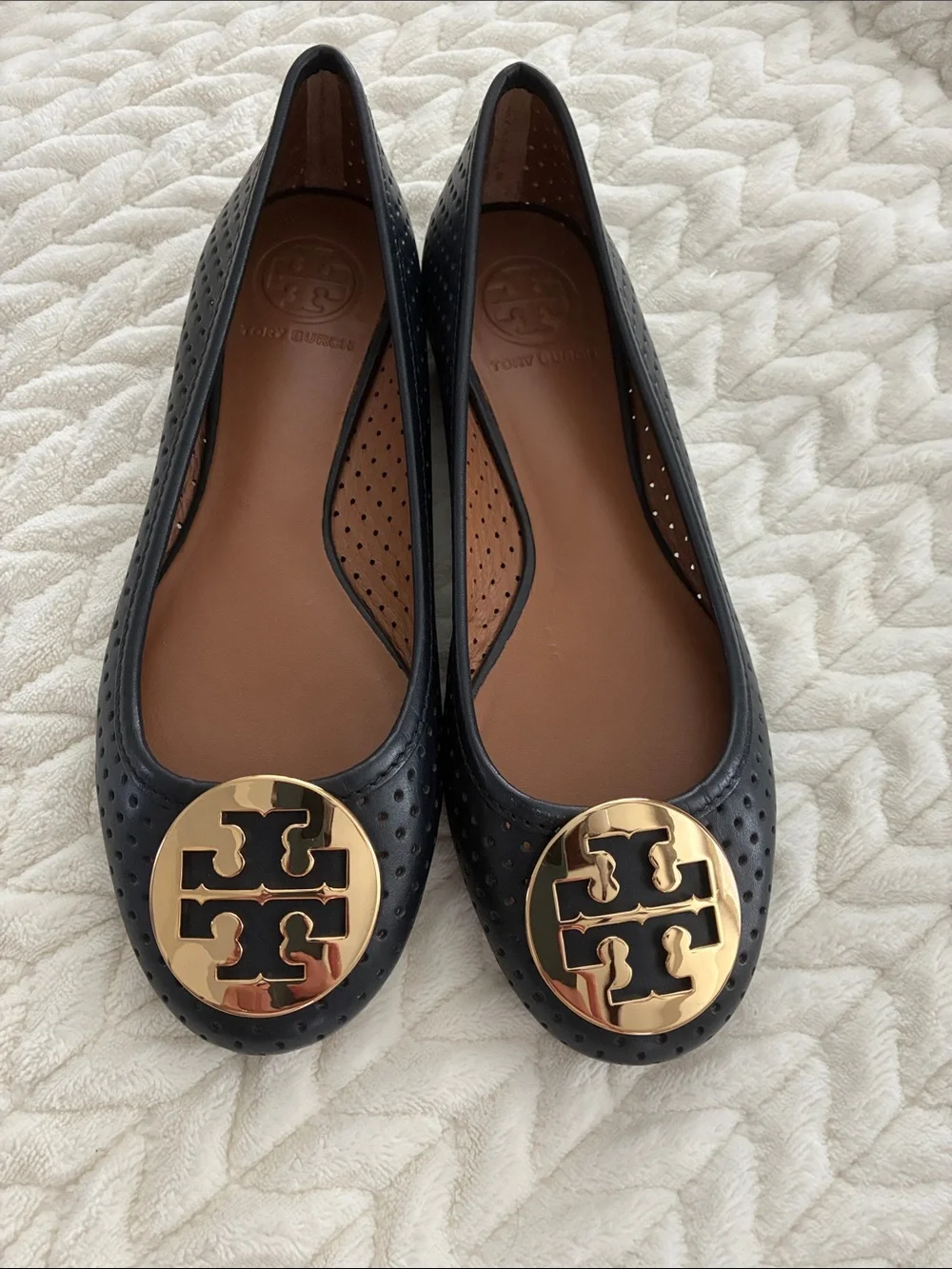 Tory Burch Black Perforated Logo Ballet Flats with Gold Emblem